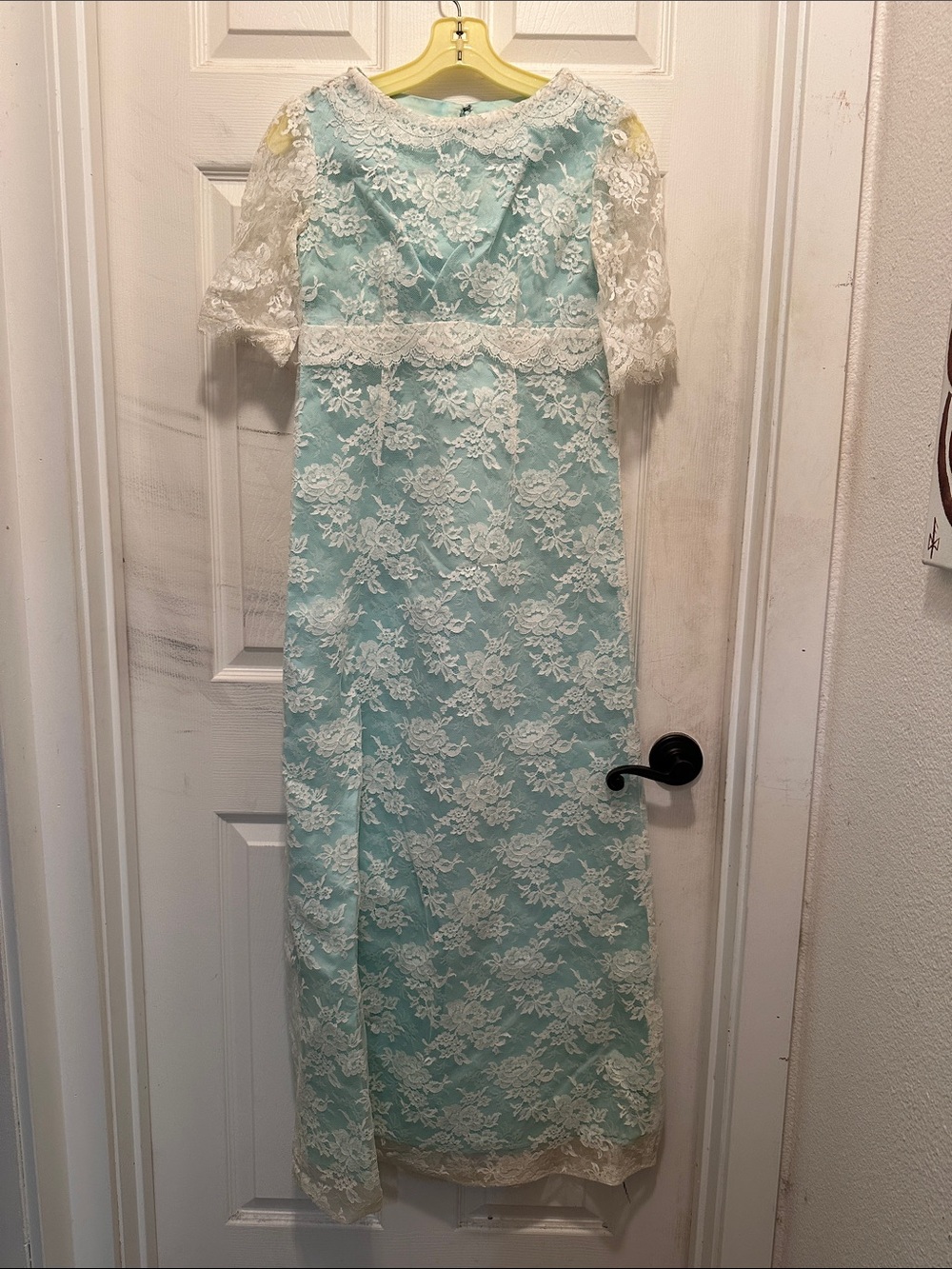 Vintage 60’s Aqua and White Lace Overlay Formal Empire Waist Dress with Train.